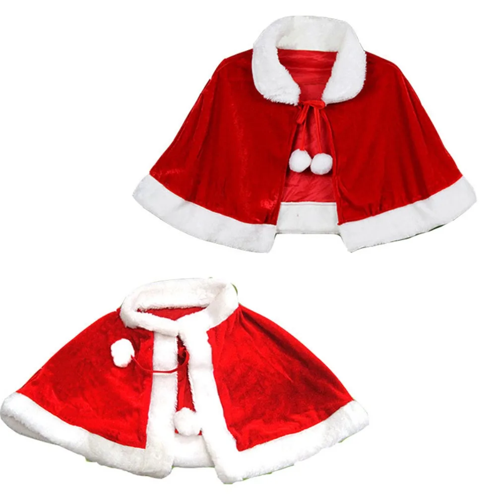 

Red Velvet Santa Claus Costume Children's Christmas Performance Hooded Cowl Neck Cape Robe Adult Party Outfit Accessories