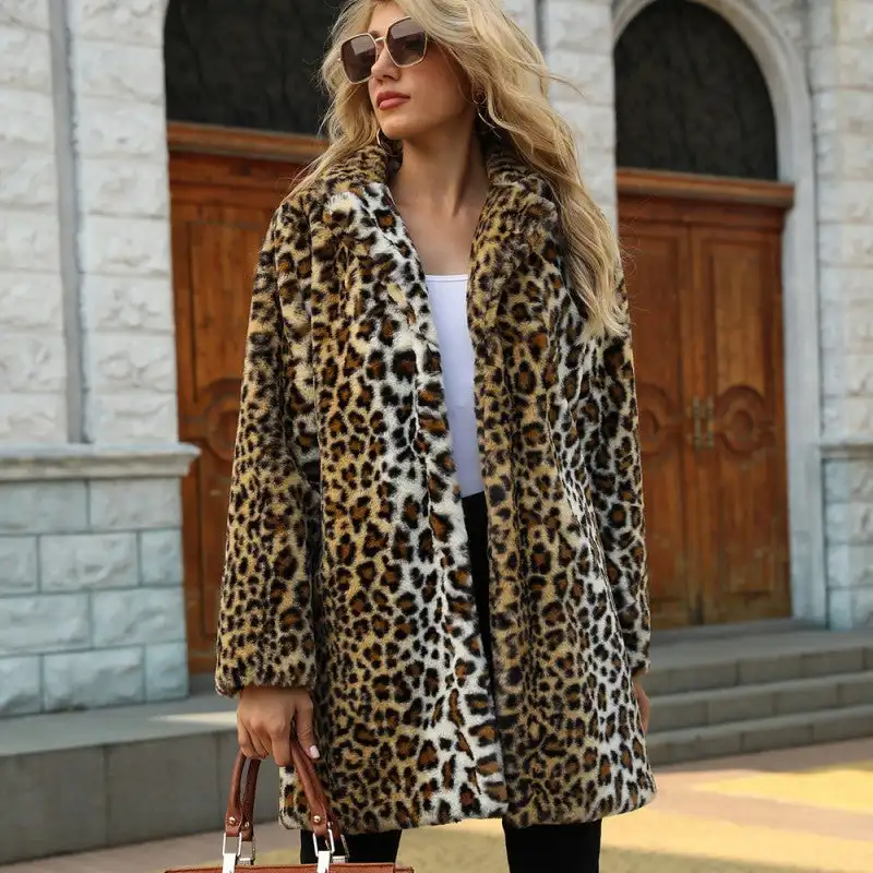 Women‘s Leopard Print Faux Fur Coat Open Front Fuzzy Suit Collar Women Fashion Warm Faux Fur Mid-Length Coat