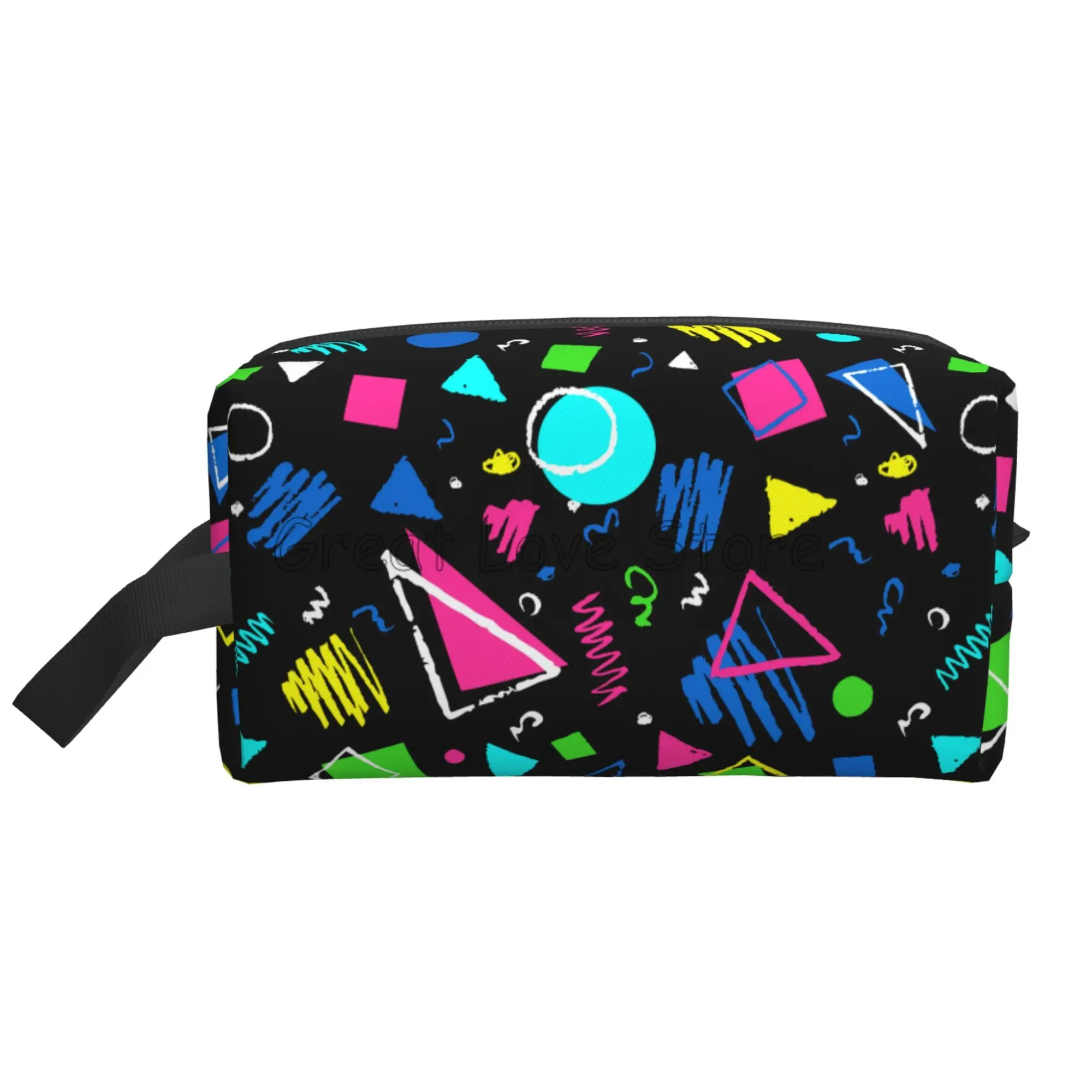 الرجعية 80s 90s الرموز هندسية طباعة حقيبة مستحضرات تجميل السفر حقيبة مستحضرات التجميل المحمولة حقيبة أدوات الزينة المنظم الحقيبة مع سحاب ومقبض