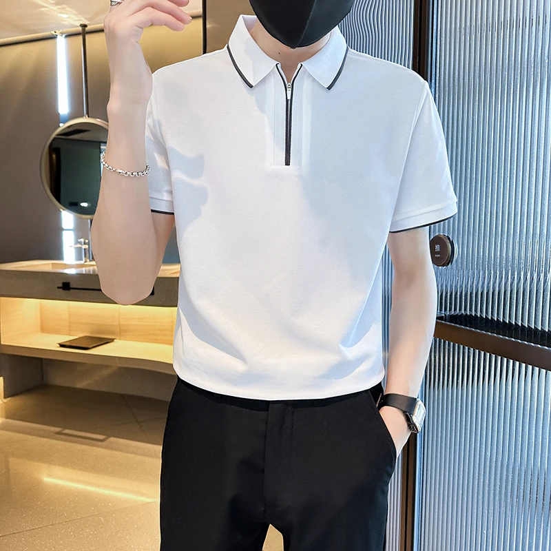 Fashion Casual POLO Shirts Mne's Summer Short Sleeve Slim Lapel Zipper T-shirts Tee Tops Business Social Streetwear Men Clothing image 2