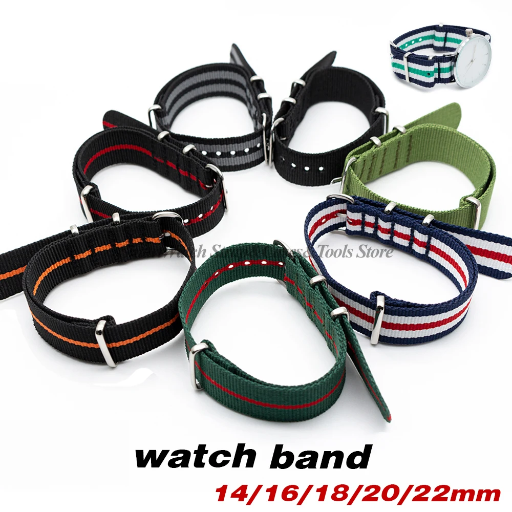 14mm 16mm 18mm 20mm 22mm Nylon Canvas Watch Band for Seiko Fabric Military Strap for Rolex Stainless Steel Silver Buckle