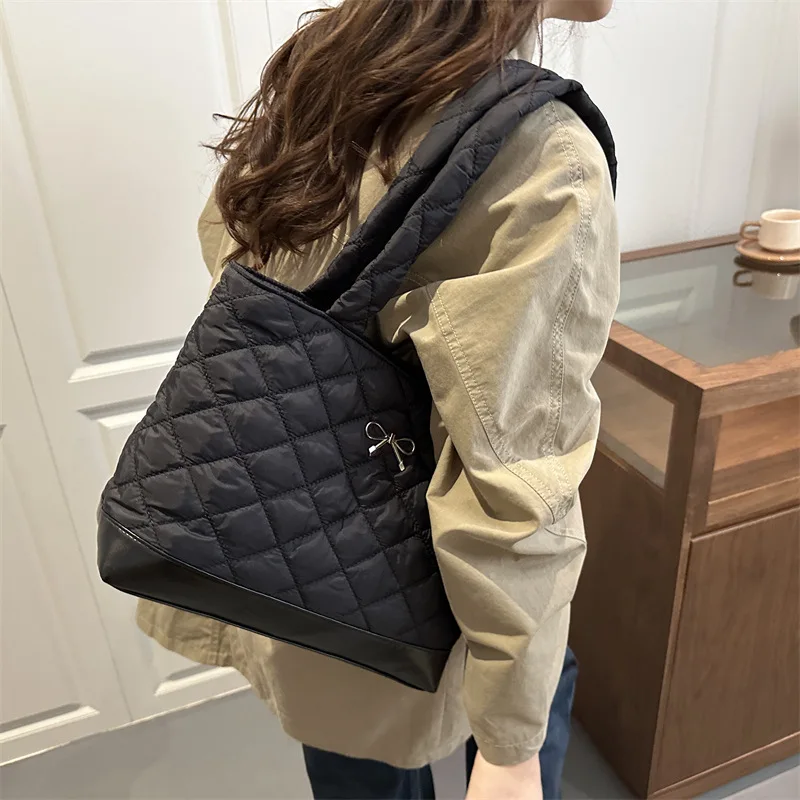 Autumn Bow Quilted Design Women Shoulder Bags Large Capacity Solid Color Ladies Tote Bag College Style Simple Girls Handbags