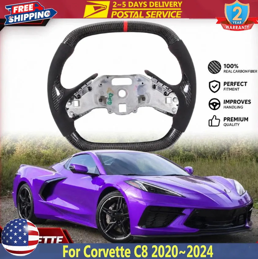Real Carbon Fiber Alcantara Steering Wheel For Corvette C8 2020~2024 With Heated Steering Wheel