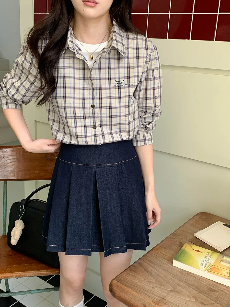 

Women's Autumn New Casual Vintage Plaid Stand Collar Loose Long Sleeve Shirt Comfortable Fit Fashion Top