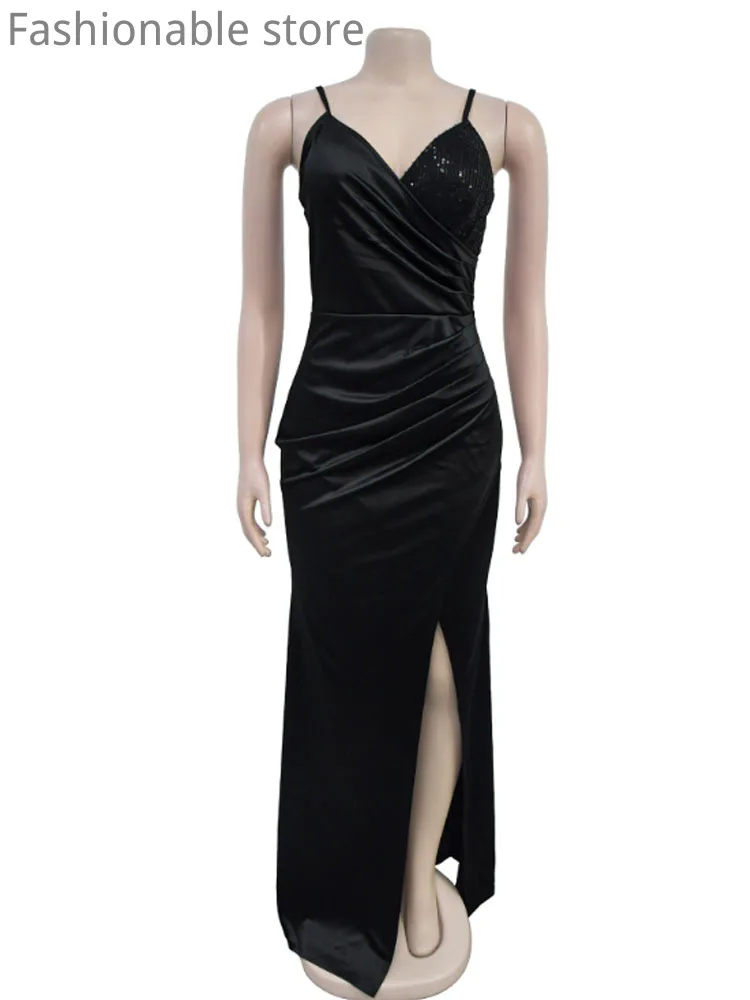 Women's Sexy Sleeveless Satin Party Dress Solid Color Deep V Neck Spaghetti Strap Sequin Decor Floor-length Dress