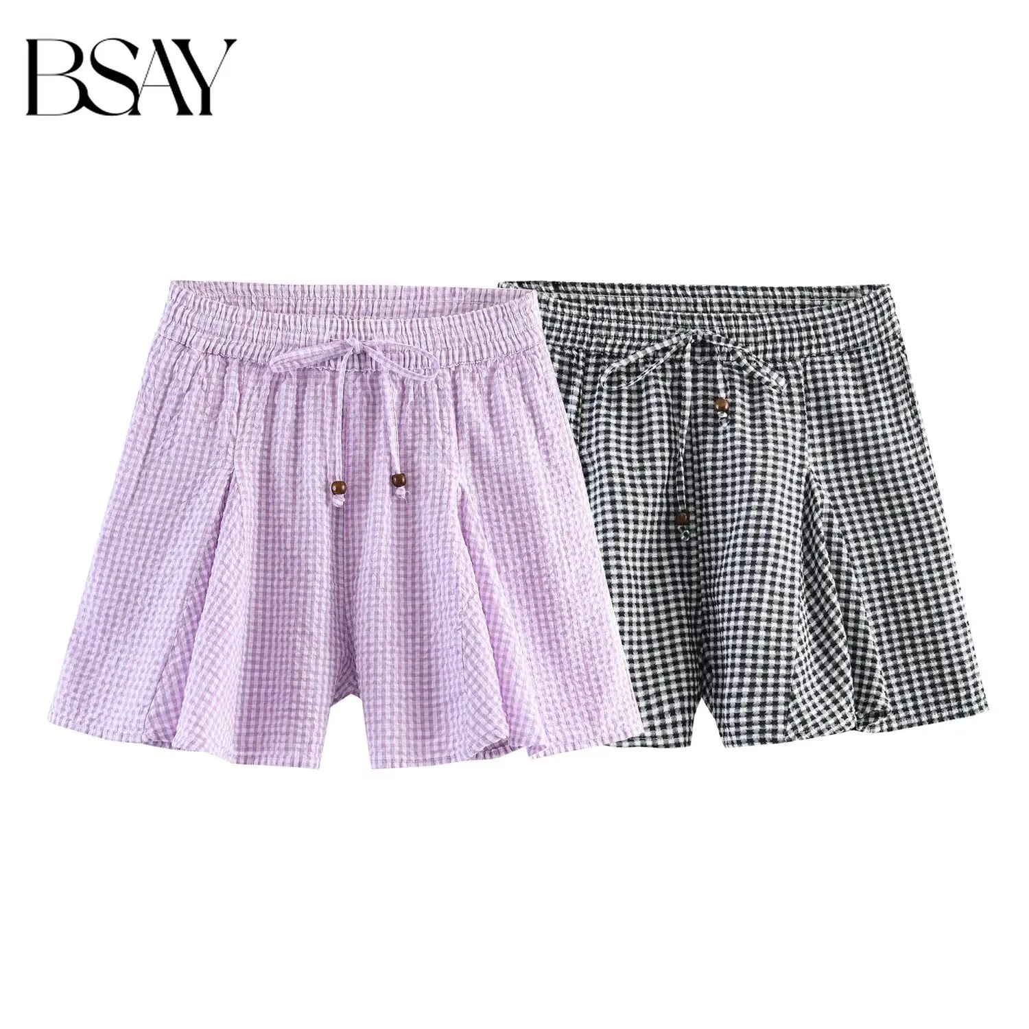 BSAY 2026 Summer Women's Gingham Plaid Skort Elastic Waist with Drawstring Wide Leg Loose Casual Shorts for Beach and Daily Wear