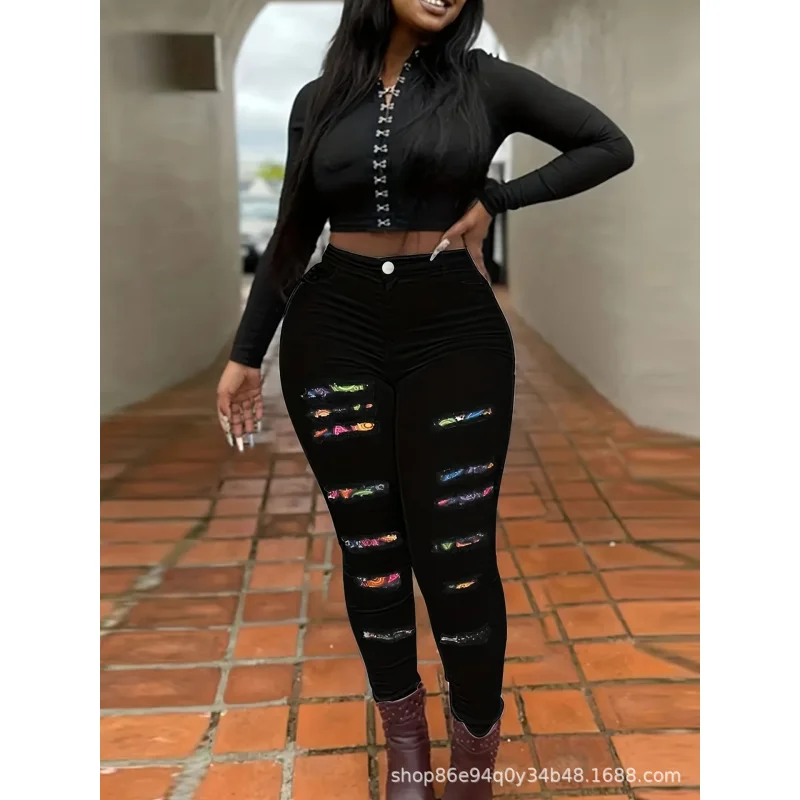 Cross-Border European and American plus Size Black Ripped Patch Denim Skinny Pants FatMMPencil PantsTEMUAmazonSHEIN