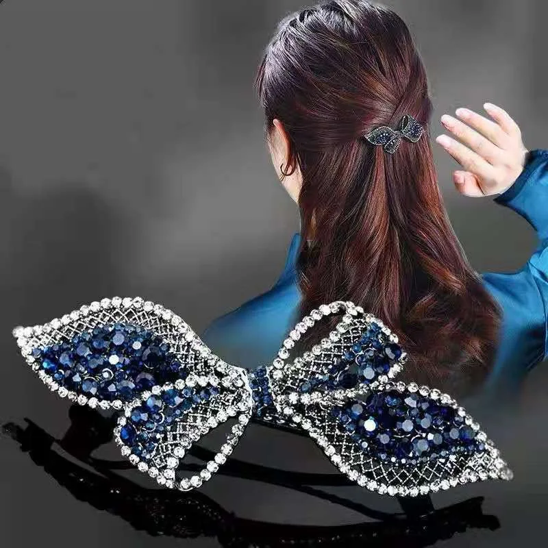 Glitter Shiny Rhinestone Bow Spring Hair Clip Women Elegant Hairpin Ponytail Holder Vintage Fashion Wedding Hairgirps Barrettes