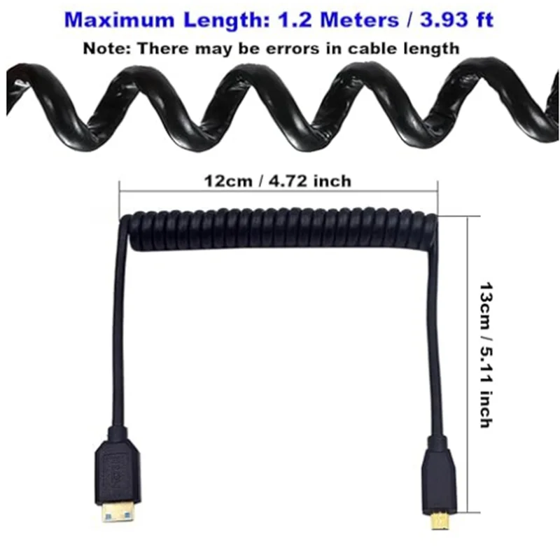 1.2m 2.1V 8k@60hz 4k@120hz Micro HDMI - compatible To Mini HDMI - compatible with C-D 90 Degree Angle Coiled Cable Flexible Cord