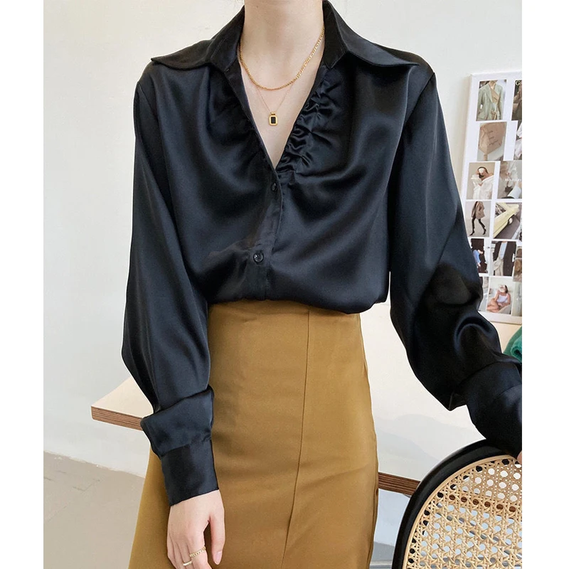 Autumn Womens Satin Luxury Black White Minimalist Shirt Office Lady Business Casual Elegant Blouse V Neck Long Sleeve Loose Tops