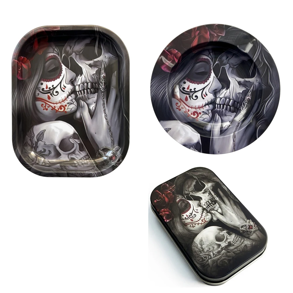 3Pcs Metal Tobacco Round Ashtray Cigarette Case with 18X14cm Rolling Tray Dish Tin Storage Container Plate Smoking Accessory Set