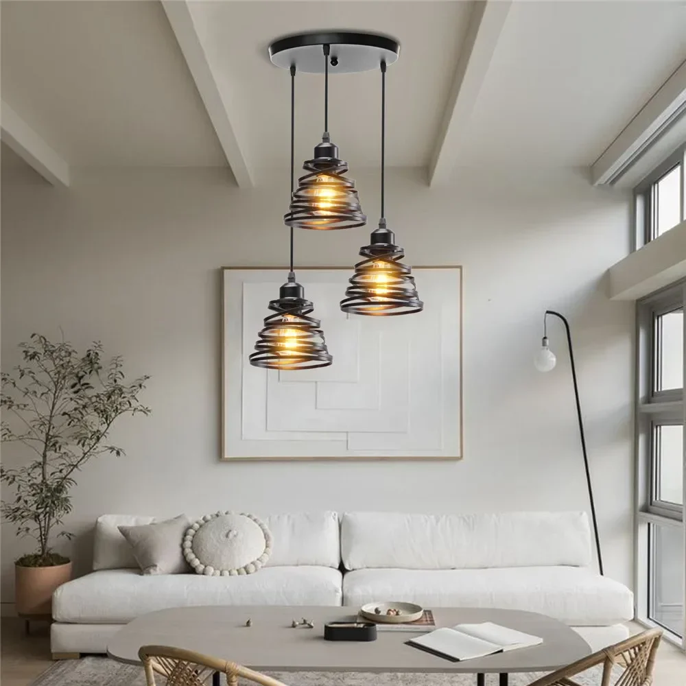 

Creative 3-Lights Spring Metal Cage Pendant Lamp Restaurant Living Room Kitchen Light Vintage Modern Plating Hanging Lamps