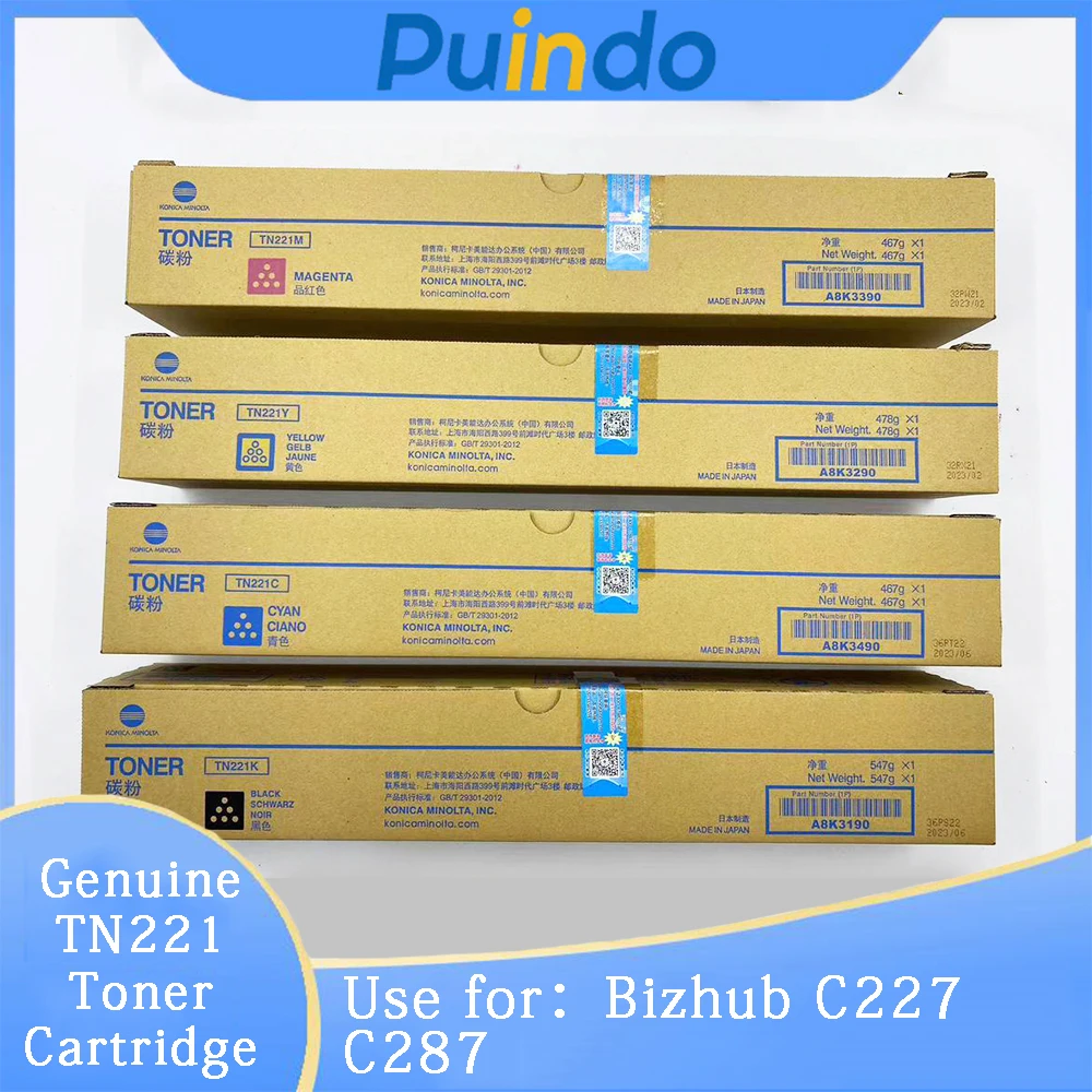 

TN221 Genuine New Toner Cartridge CMYK for Konica Minolta Bizhub C227 C287 A8K3190 A8K3290 A8K3390 A8K3490