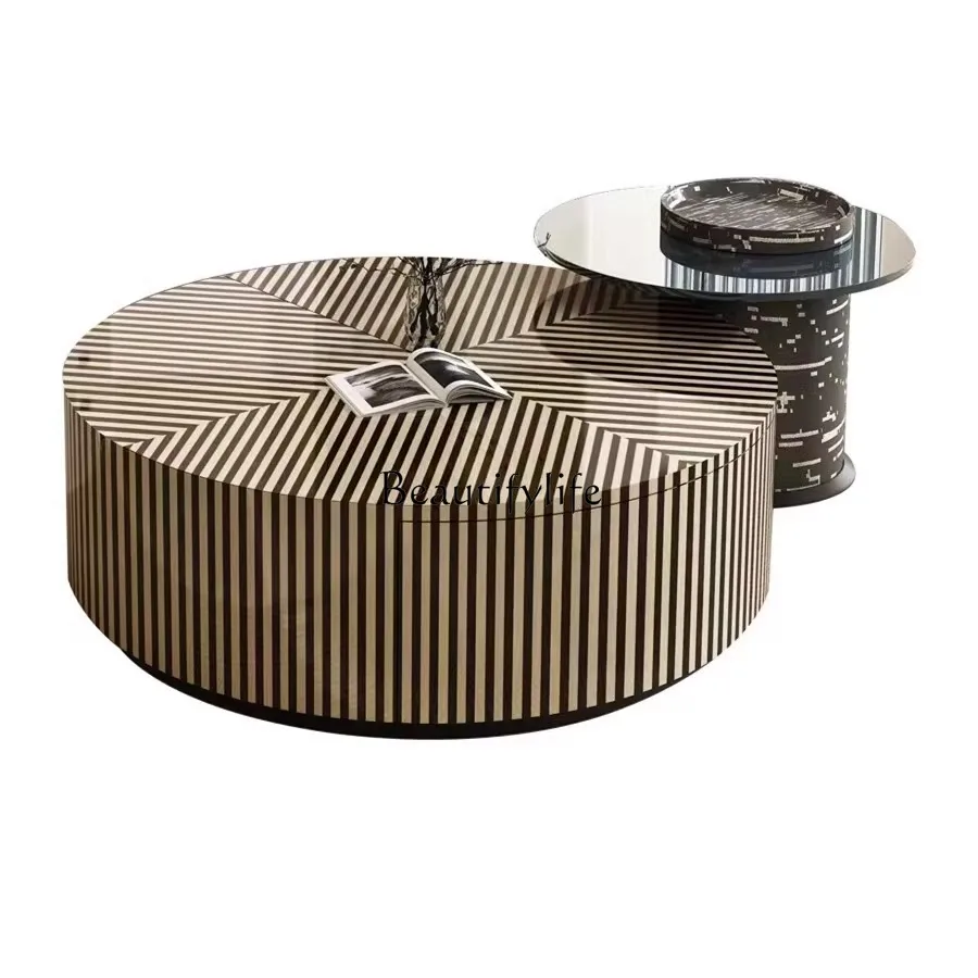 Italian light luxury cream style zebra pattern round coffee table tempered glass living room coffee table