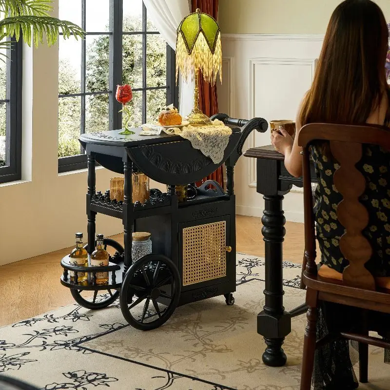 Solid wood cart relief process folding coffee table black mobile small dining cart