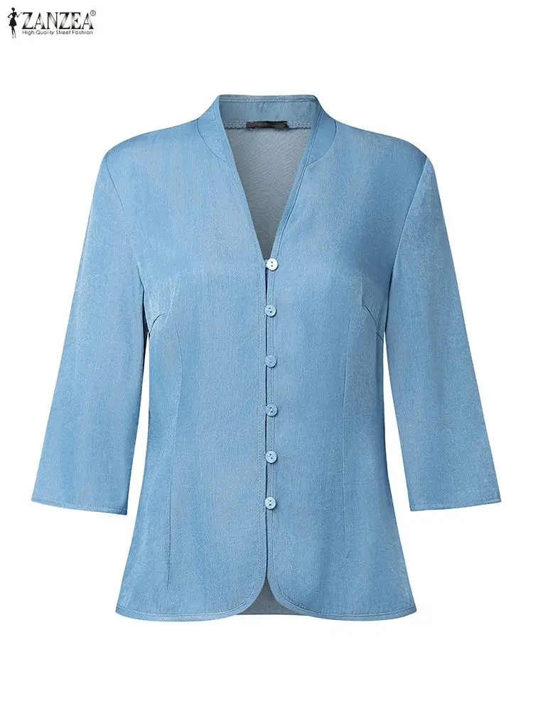 2025 ZANZEA النساء الخريف قمصان جينز 3/4 كم أزرار الخامس الرقبة أنيقة مكتب سيدة البلوزات بلوزات على الموضة الصلبة الإناث Blusas #1