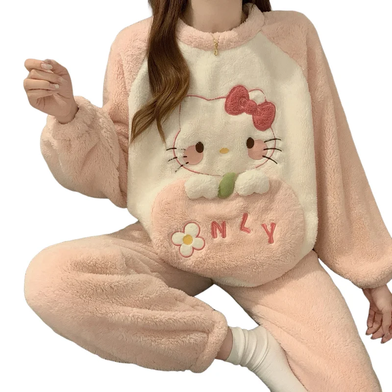 

Kawaii Hello Kitty, пушистый пижамный комплект с 3D вышивкой, женская зимняя одежда для сна 2025 года, Y2K, эстетичная одежда для дома, теплая свободная одежда из двух предметов