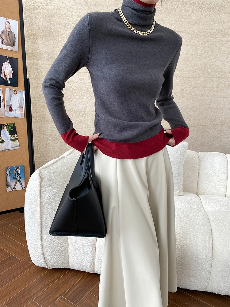 [EAM] Gray Color-block Slim Knitting Sweater Turtleneck Long Sleeve Women Pullovers New Fashion Tide Spring Autumn 2024 1DH8151