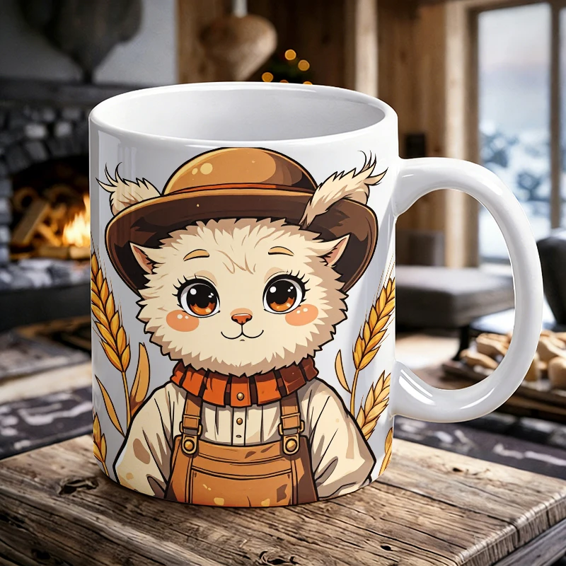 Cute Farmer Cat Ceramic Mug Cottagecore Cartoon Coffee Cup, Milk Cup, Office Tea Cup, Gift for Friends, Fade-Resistant