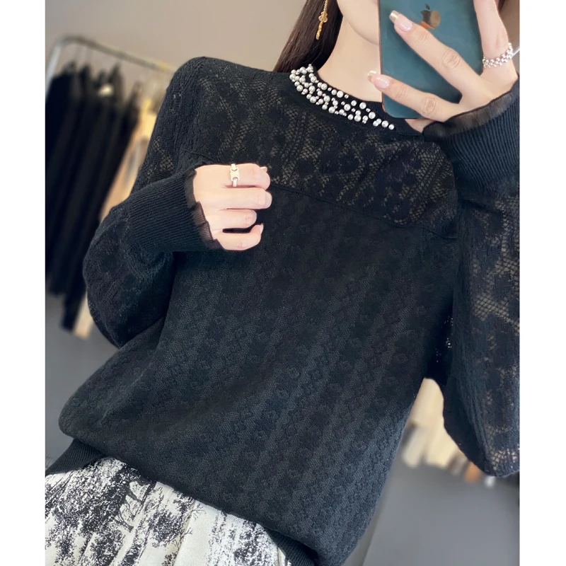 In summer, the new women\'s 100% pure woolen sweater knitted short sleeve casual loose female pearl collar loose fashion shirt.