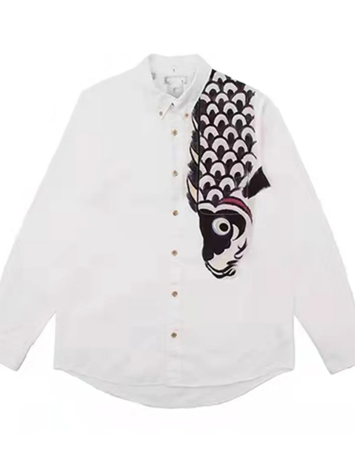 

VISVIM 0021 17SS UPSTREAMER Рубашка с карпом, белая хлопковая рубашка с длинным рукавом