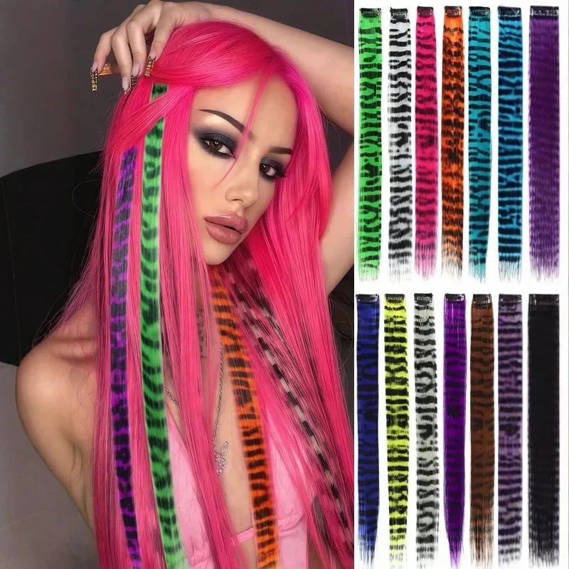 New Stripe Printed Clip in Hair Extensions Synthetic Straight Hair Highlights Colorful 18 Inches Wig Hairpieces Girls