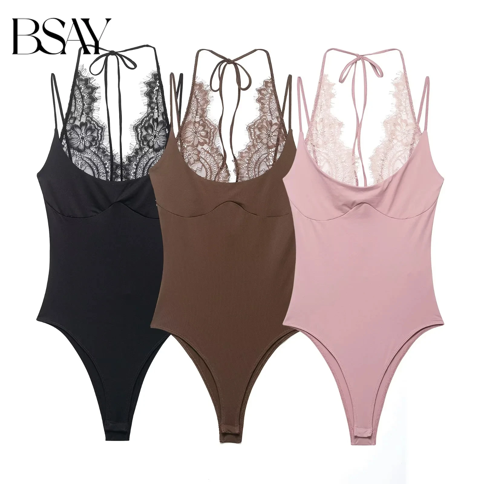 BSAY Damen-Body mit Spitze und Neckholder, Druckknopfverschluss, verstellbarer Riemen, Frühlings- und Sommer-Playsuits, Damen-Y2K-Unterwäsche-Top