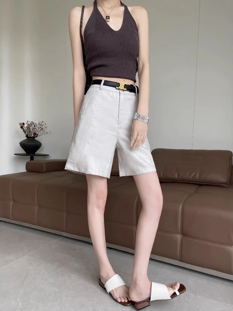 New in Summer High Waist Silk Linen Five-Point Pants Women's Thin Cotton Linen Short Pants A- Line Wide Leg Casual Trousers