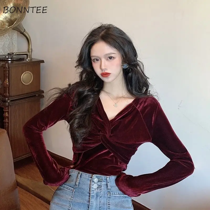 V-neck Blouses Women Long-sleeves Based Velvet Vintage Slim Solid Folds Simple Office Ladies Korean-style Elegant Trendy Leisure