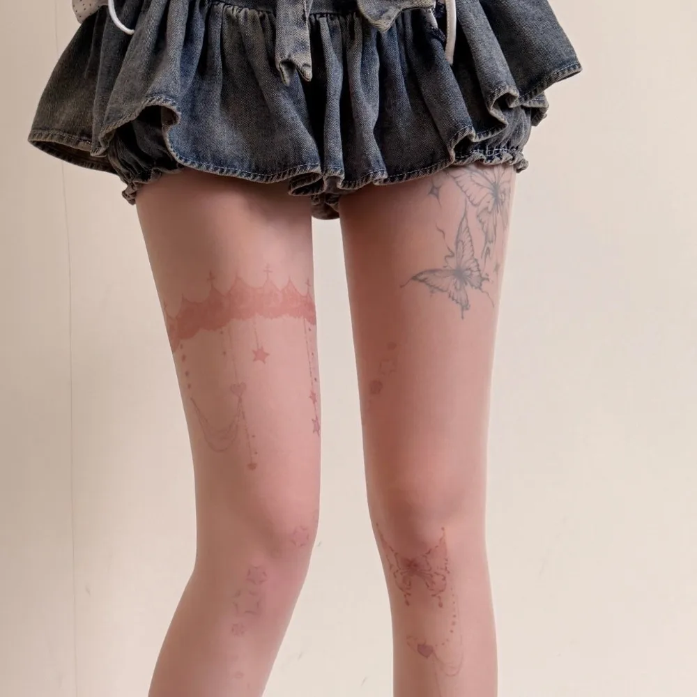 Y2K Invisible Tattoo Stockings Colorful Hand-drawn Star Jellyfish Shell Pantyhose Butterfly Childishness Silk Stockings Cosplay