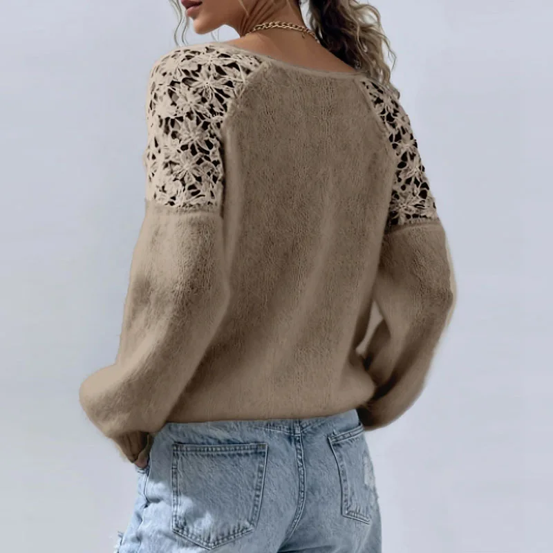 سترة محبوكة فضفاضة بياقة دائرية للربيع، بلوزة نسائية مثيرة بنقشة جاكار دانتيل مجوفة، سترة محبوكة بأكمام طويلة للخريف، سترة هاراجوكو