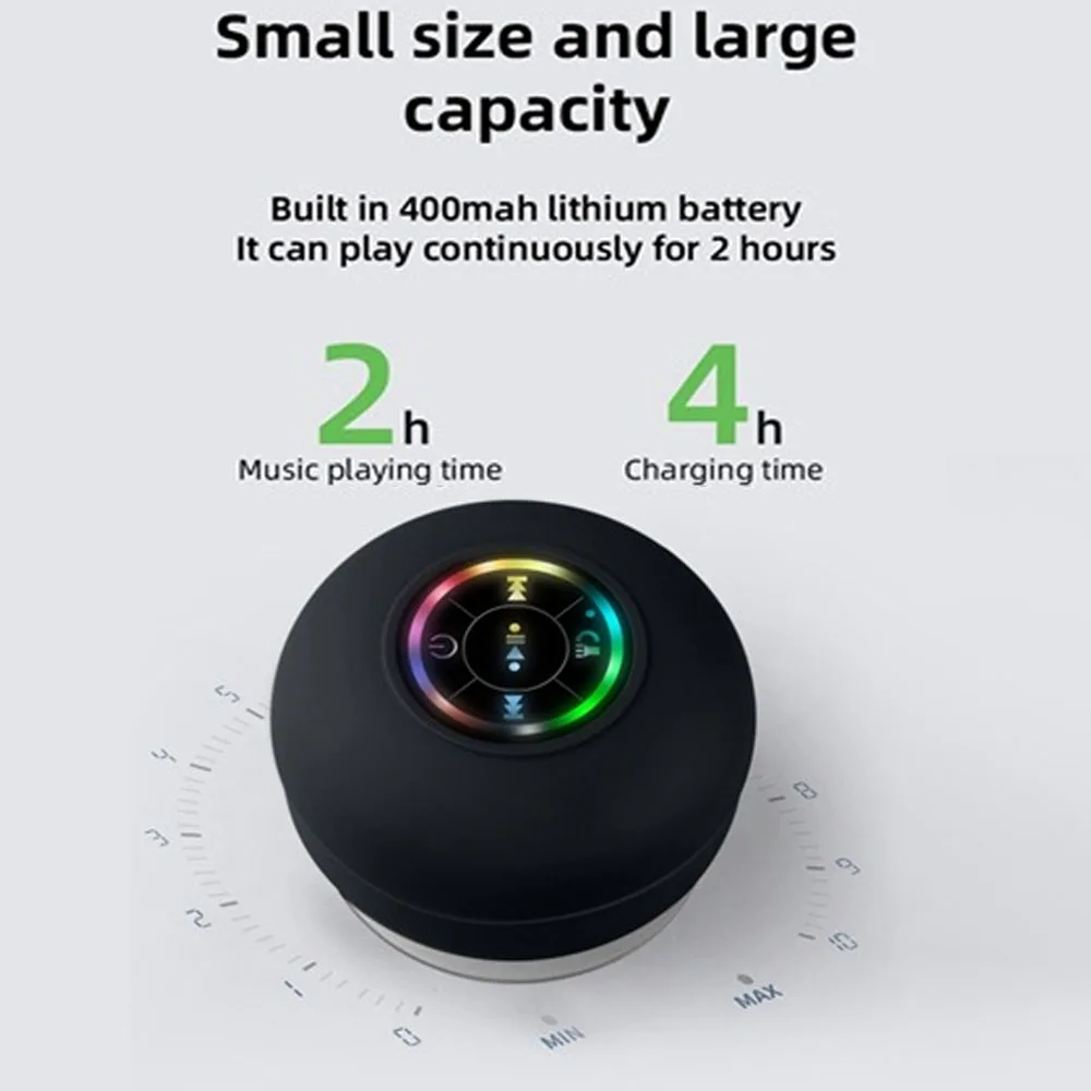 Mini Bluetooth Speaker Waterproof Bathroom Audio Wireless Shower Speakers RGB Light Bluetooth Suction Cup Speaker, Black