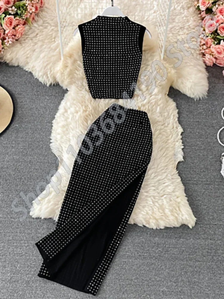 Sexy Black Diamonds 2pcs Set Women Party Sleeveless Short Tops + High Waist Split Skirt Female Two Piece Suits Club Fashion 2024