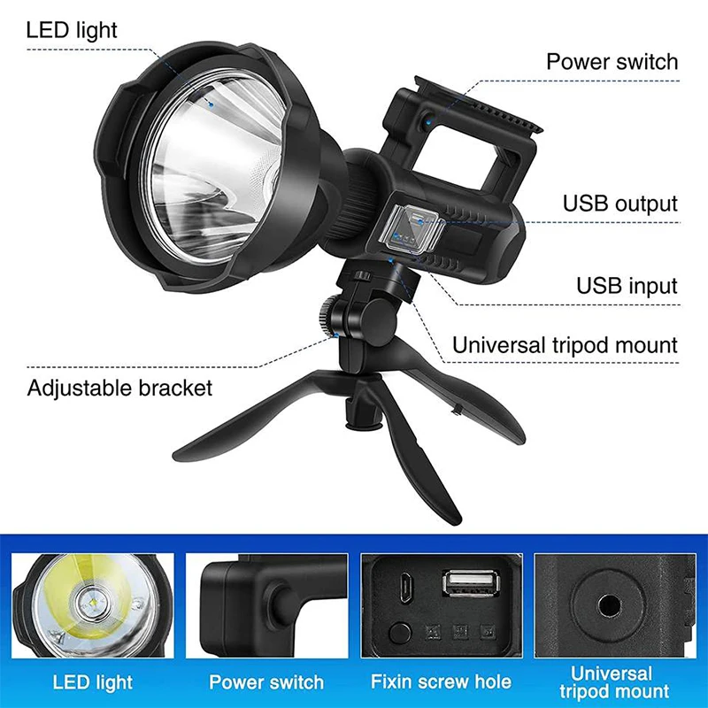 LED Rechargeable Spotlight High Lumens Super Bright Flashlight with 4 Modes IPX5 Waterproof Large Searchlight with Tripod