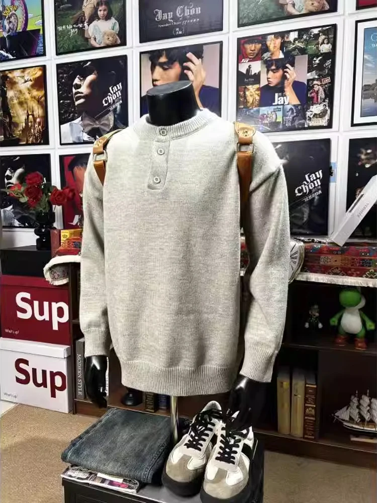 

Мужской вязаный свитер в американском ретро-стиле с воротником-стойкой, зимний повседневный, длинный, базовый слой, шерстяной, модный брендовый трикотаж