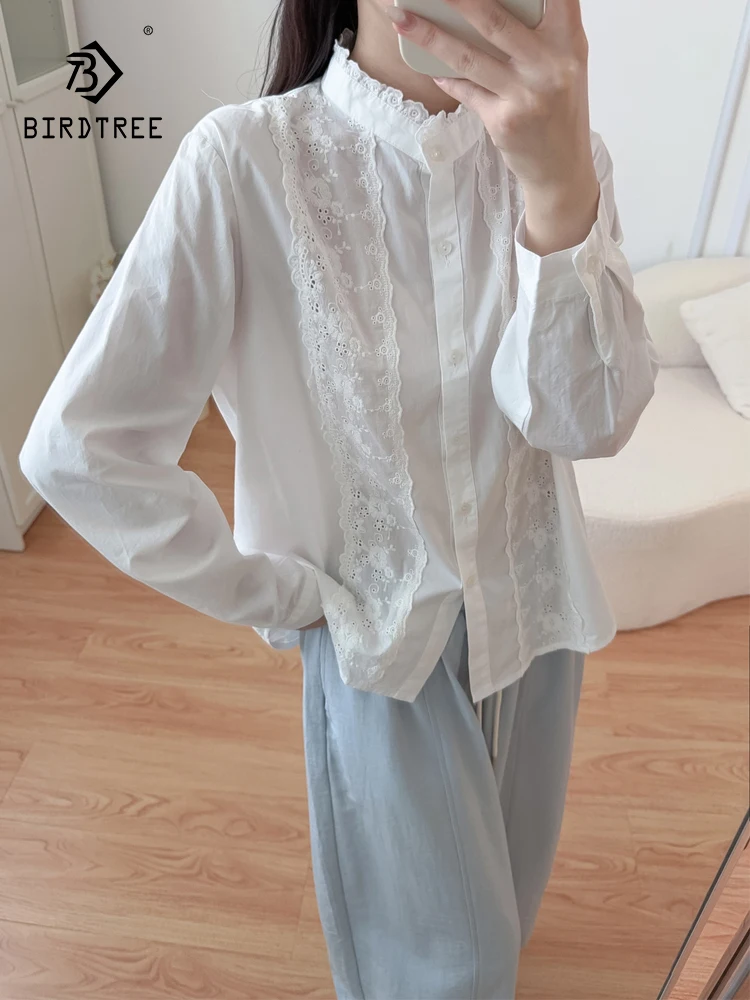 جديد 2025 الخريف قميص قطني بكم طويل ، المرأة الوقوف التطريز ، موري فتاة الفرنسية تنوعا تخفيف شيك بلوزة فضفاضة T59684CC