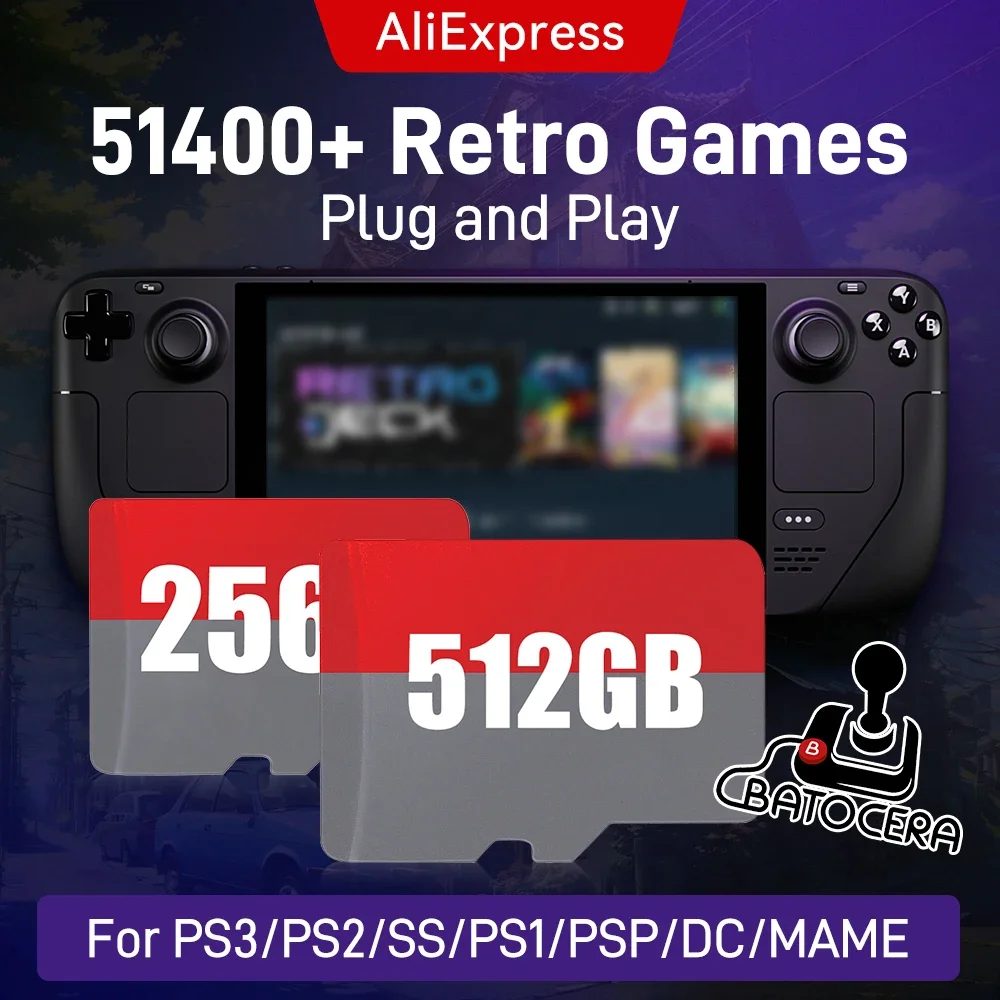 512GB Game Card with 51400+Games&70+Emulator for Steam Deck/Win 600 Handheld Game Console/Win PC/Laptop for PS3/PS2/PS1/PSP/MAME