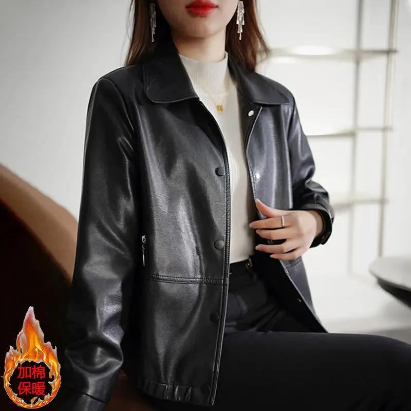 Mulheres jaqueta de couro curto novo outono coreano solto casual preto casaco da motocicleta moda selvagem macio couro do plutônio casaco 4xl