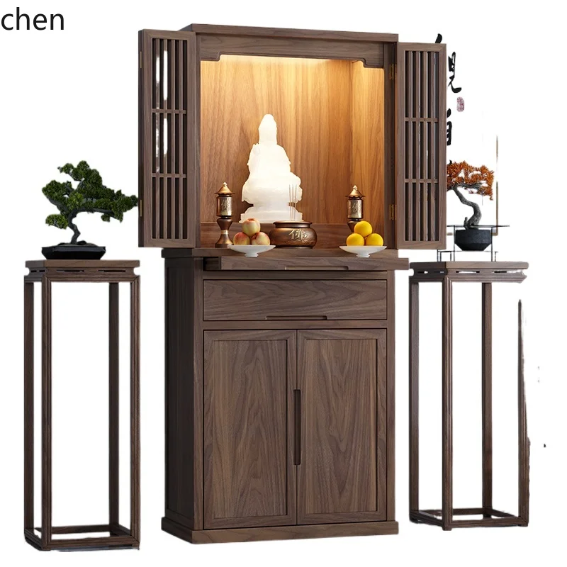 

XL solid wood Buddhist niche new Chinese vertical cabinet black walnut Buddhist platform with door Buddhist cabinet for home use