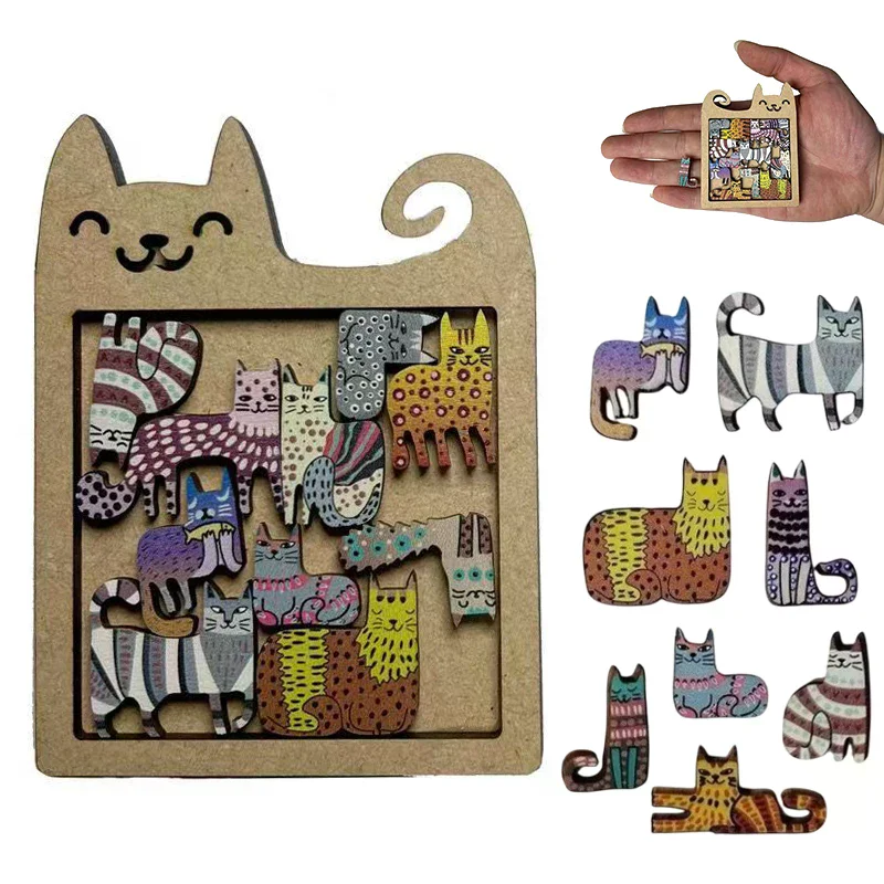 

Irregular Cat Wooden Puzzle Expressive Puzzle Toys Unique Animal Shapes Relax Gift Decorative Art Piece Brain Teaser Game