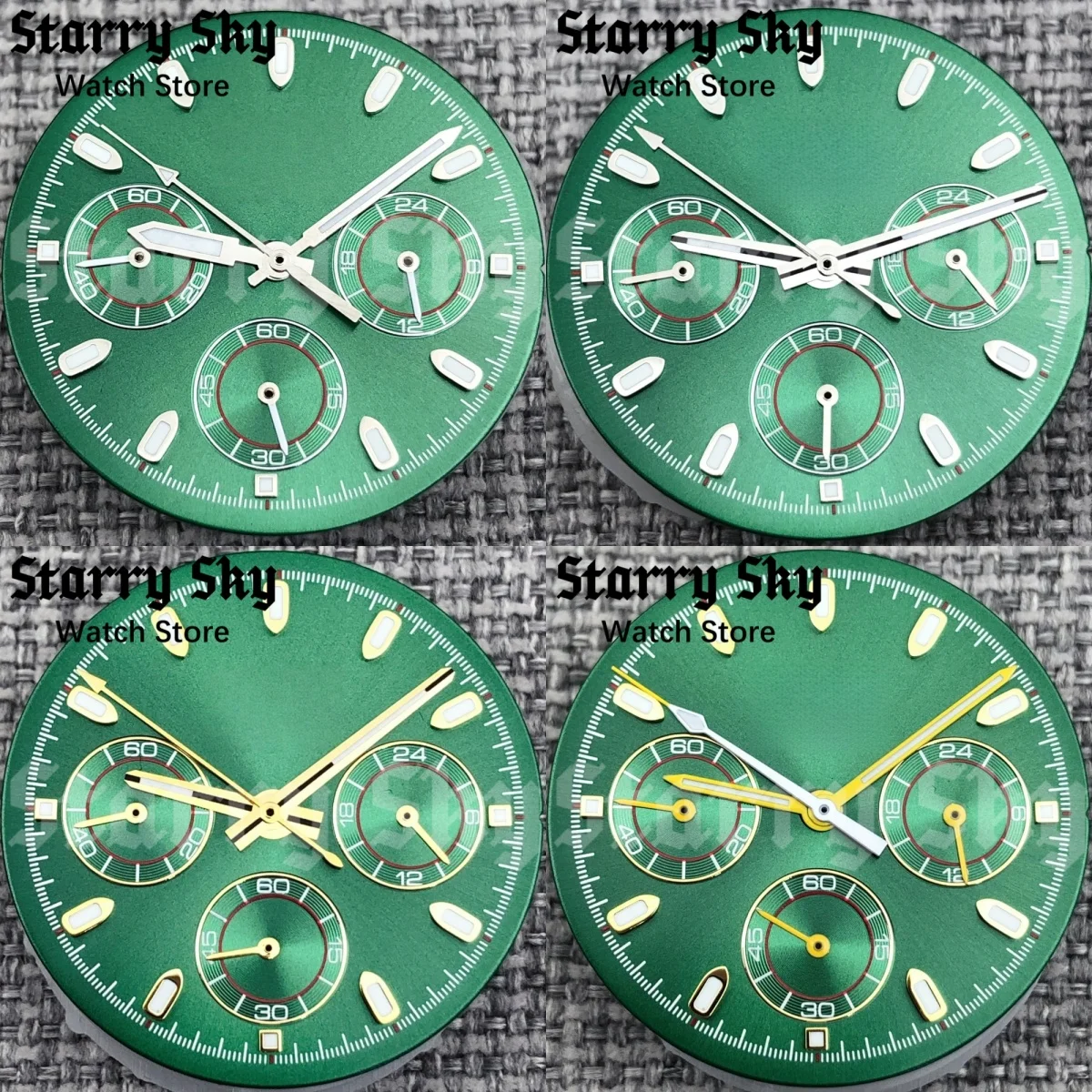 Starry Sky 30mm Silver/Gold Index Green Panda Watch Dial With Green Luminous 6-pin Watch Hands Suitable For VK63 Quartz Movement