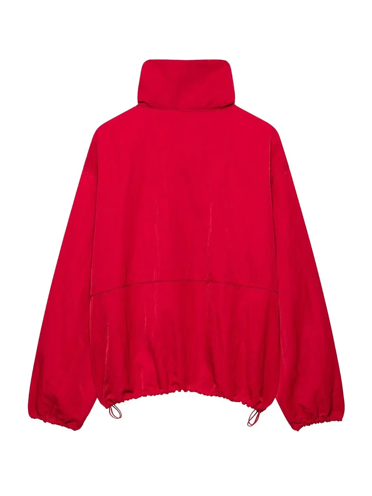 Women's Red Stand Collar Short Jacket Loose Casual Autumn Outerwear Tech Fabric Button up Drawstring Hem Long Sleeve Coat