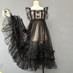 Japanese Sweet Lolita Apron Sheer Mesh Ruffled Lace Dress Women Kawaii Gothic Lolita Black Lace Princess Dress