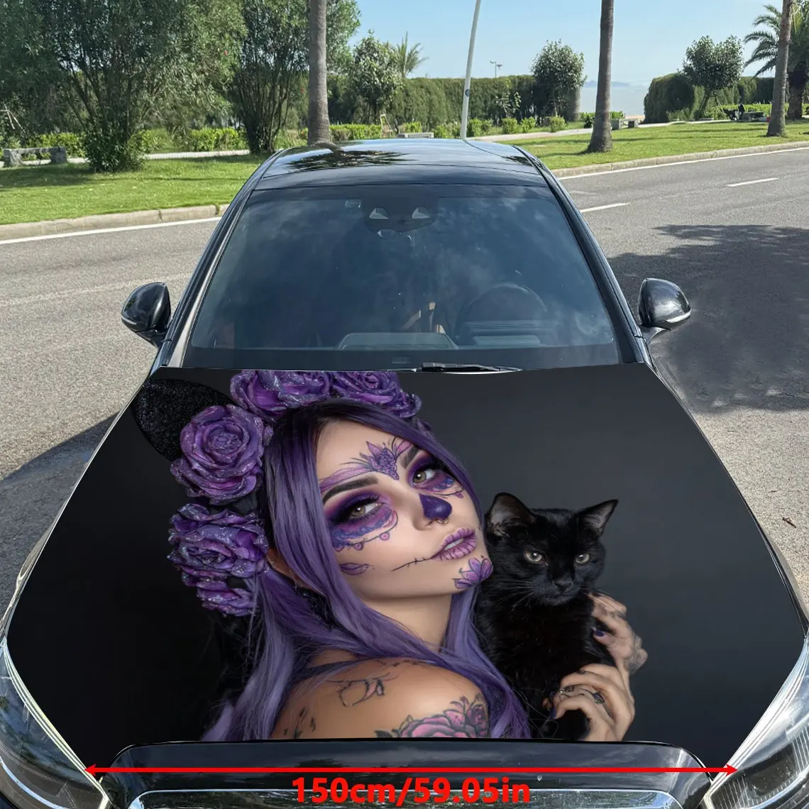 Purple Haired Girl with Skull Makeup and Black Cat Car Vinyl Wrap, PVC Material Waterproof Car Hood Sticker, Self-Adhesive Scrat