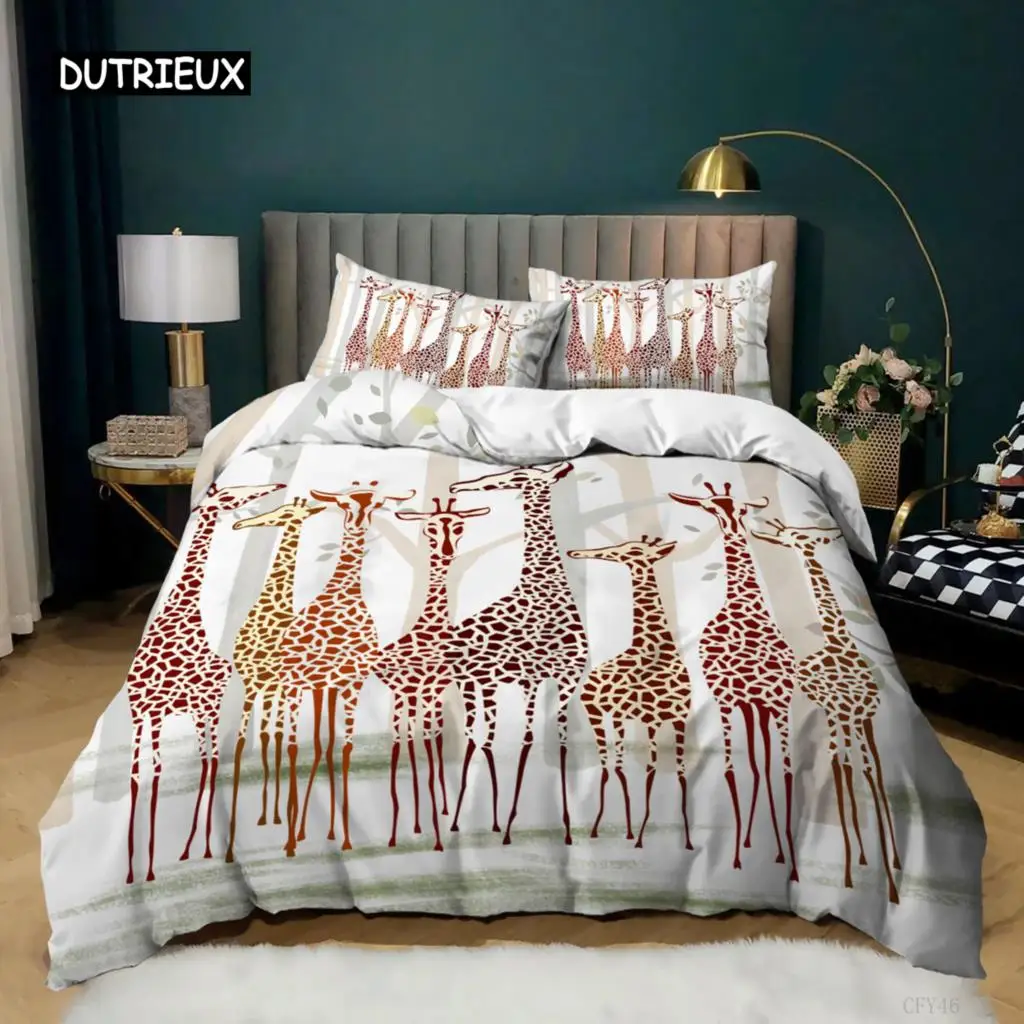 

Giraffe Duvet Cover Set Full Size Animal Theme Comforter Cover Giraffe Pattern for Kids Teens Boys Polyester Giraffe Quilt Cover