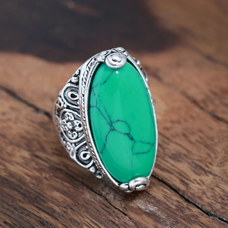 Wbmqda Hot Wreath Oval Emerald Natural Stone Rings for Women Men Vintage Look Antique Silver Luxury Fashion Jewelry 2023 New