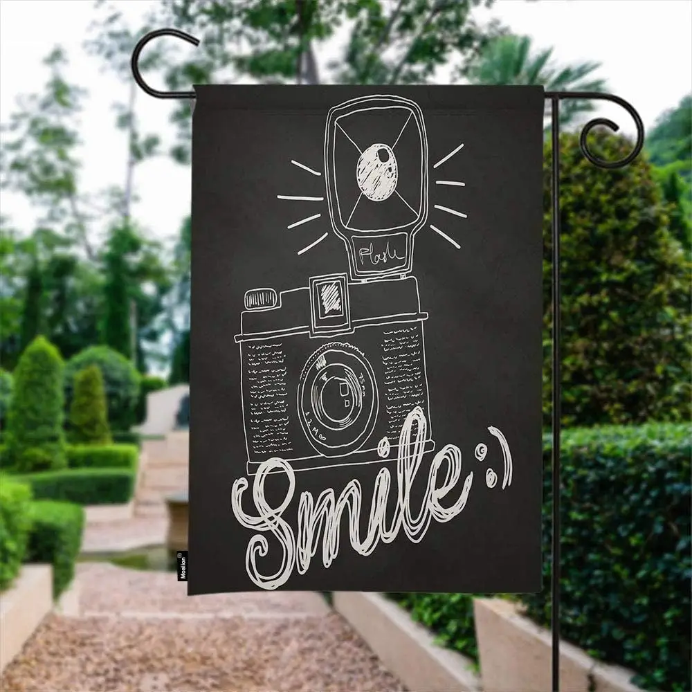 Moslion Camera Garden Flag Retro Black White Camera Smile Word Home Flags 12x18 Inch Double-Sided Banner Welcome Yard Flag Outdo