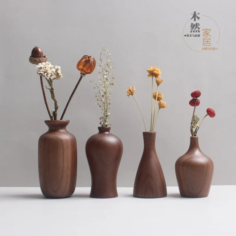 

Mini Style Handcrafted Solid Wood Vase Black Walnut Flower Vase Modern Wooden Ornament Home Decor Natural Wood Flower Holder