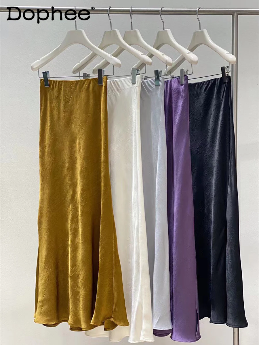 

Fashion Colorful Satin Embossed Fashion Side Slit Fishtail Skirt 2024 Spring Summer Elastic Waistband Slimming Mid-Length Skirt