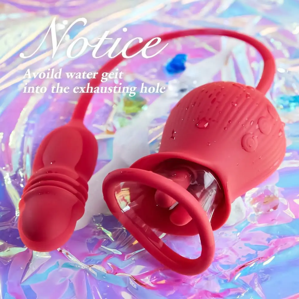 Mainan seks berbentuk mawar dengan vibrator penghisap, dildo dorong dan dua lidah mini, vibrator mawar dengan 3 stimulasi klitoris dan 10 V